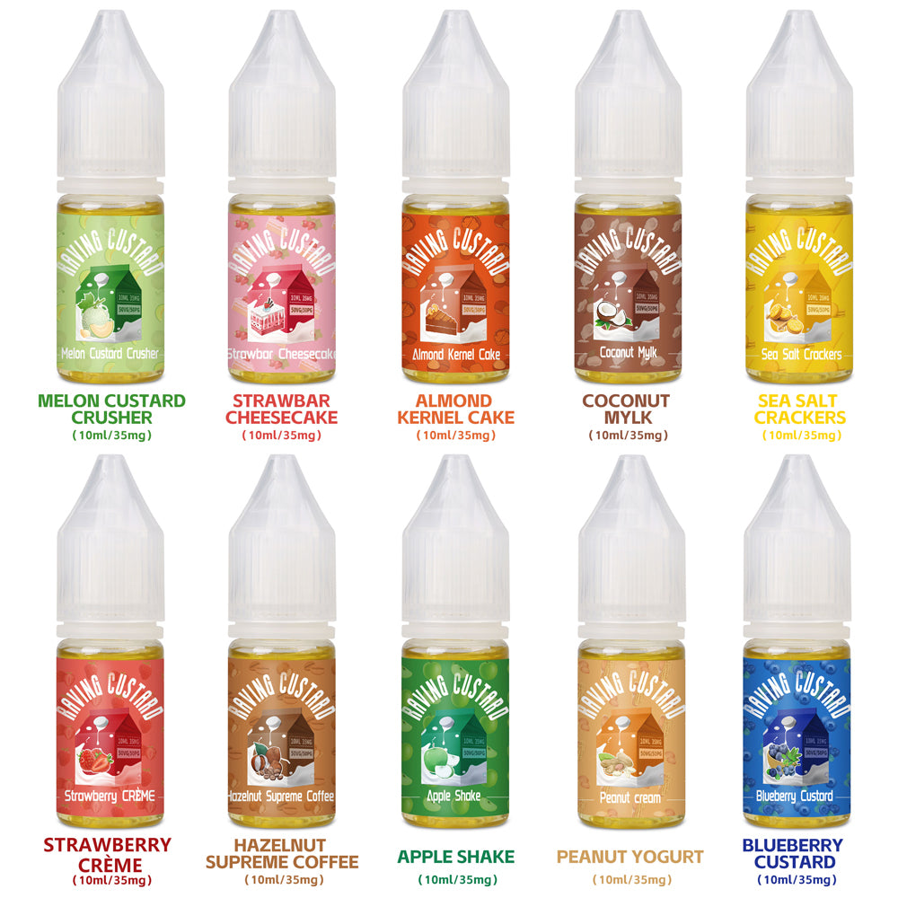 Raving Custard Salt Nic Vape E Liquid Gift Box of 10 Flavors - 10mL 35 asMODus Raving Custard Salt Nic Vape E Liquid Gift Box of 10 Flavors - 10mL 35 asMODus