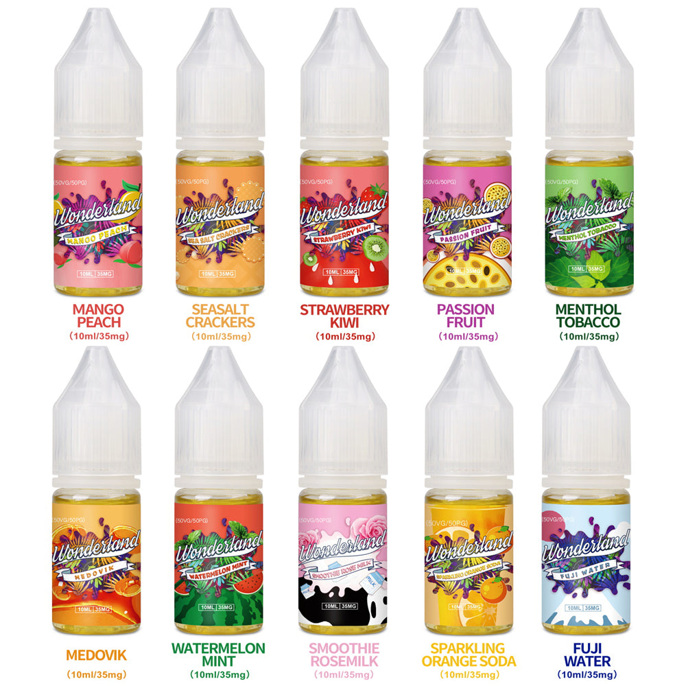 Wonderland Salt Nic Vape E Liquid Gift Box of 10 Flavors - 10mL 35mg Salt Nic Per Bottle